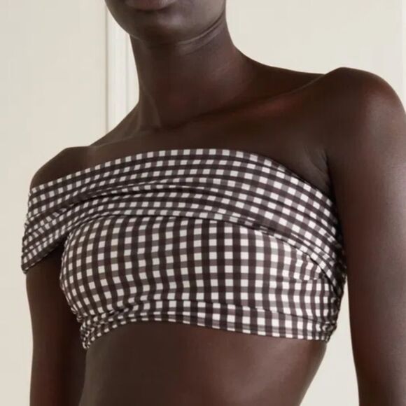 Peony Swim One-Shoulder Gingham Bikini Top Cocoa Brown XL - Picture 1 of 9